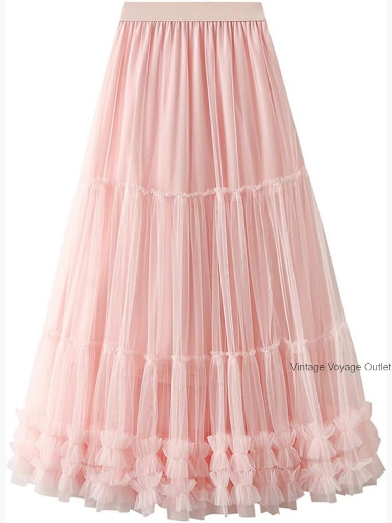 Long Tulle Tiered Skirt Elastic Waist Maxi A-Line Mesh